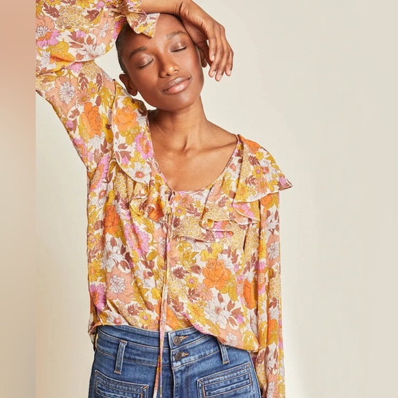 Veronica Beard Kitt Floral Silk Sheer Ruffle Collar Blouse Bell Sleeve Size 2 - Picture 2 of 8